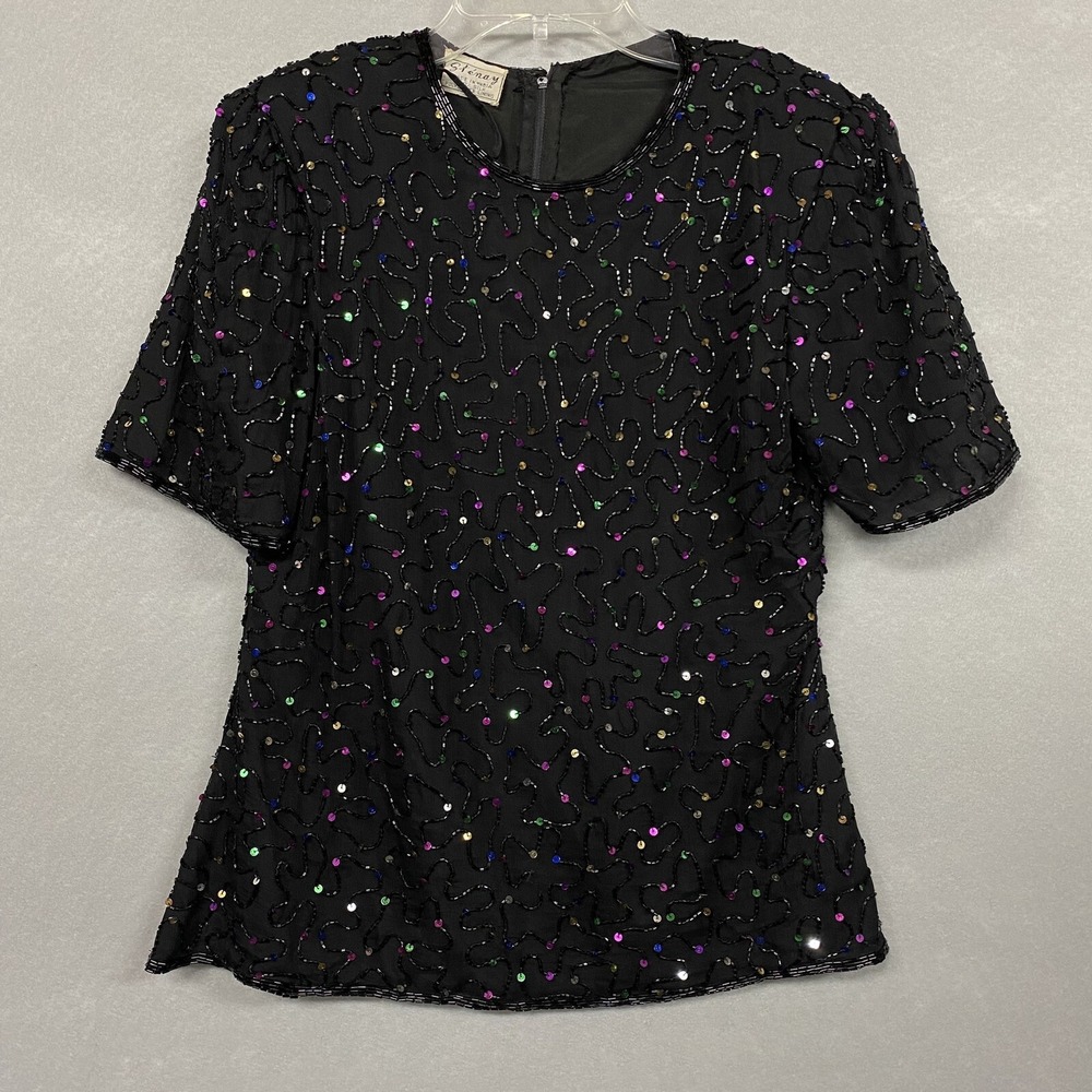 Stenay Women S Blouse Black Beaded Sequined Vintage 80s Silk Cocktail Top